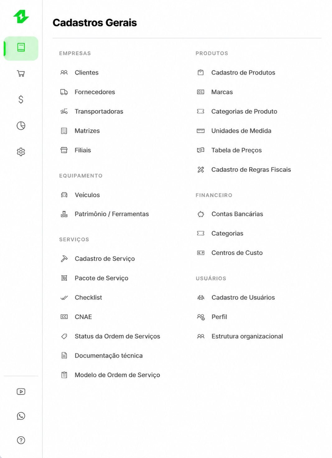 Menu de cadastros gerais